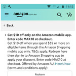 $10 off $39 Spend with First App Purchase (Eligible Items Only) @ Amazon AU