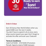 Get $30 Credit on Clubcard with $280 Spend @ New World (App or Online)