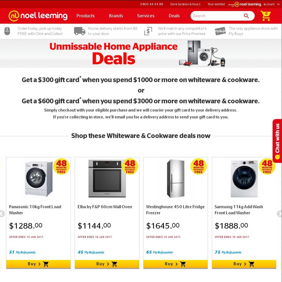 300 Gift Card When Spending > 1000 on Whiteware and Cookware, or 600