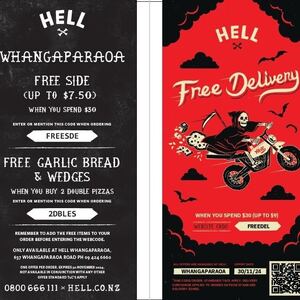 Free Delivery or Garlic Bread + Wedges or Free Side (Up to $7.50) With $30 Spend @ Hell Pizza Whangaparāoa / Hibiscus