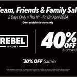 Friends and Family Sale: 30% off Garmin, 40% off RRP Everything Else (Excl. Gift Cards & Clearance) @ Rebel Sport (Instore Only)