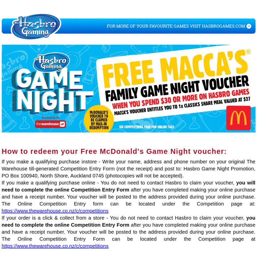 Spend 30 on Hasbro Games and Receive 27 McDonald