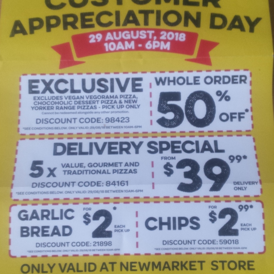 Domino's (Newmarket) Customer Appreciation Day 50 off Whole Order, 2