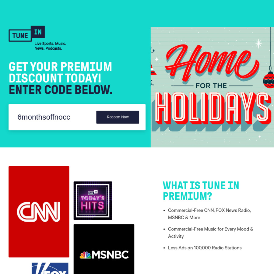 Free 6 Month Subscription of Tune in Radio Premium Tune in