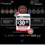 3 Pizzas + 2 X 1.25lt Drink + 2 X Garlic Bread for $25 Delivered (Normally $58) @ Domino's Pizza