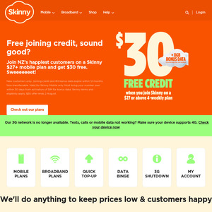 Join on a $27 or Above 4-weekly Plan and get $30 Credit (New Customers Only) @ Skinny Mobile