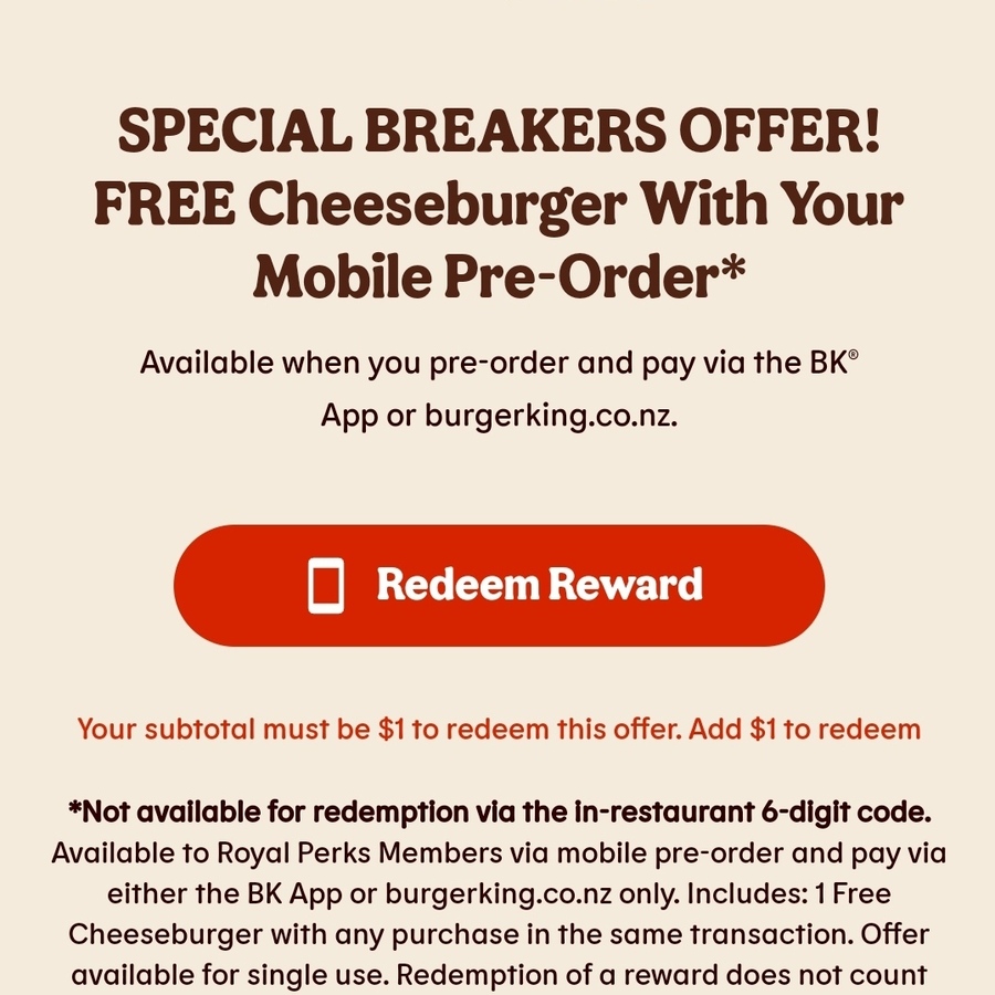 Free Cheeseburger with Mobile Pre-Order (Min. $1 Spend) @ Burger King ...