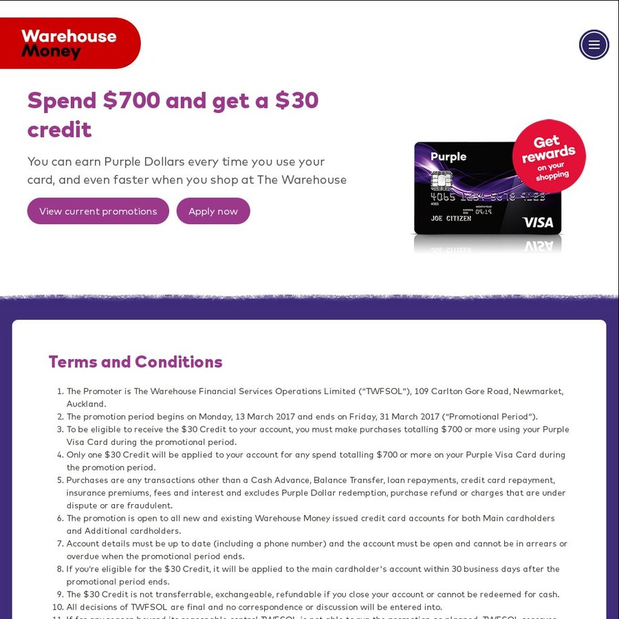 Warehouse Money Spend 700 or More with Your Purple Visa Card at Any
