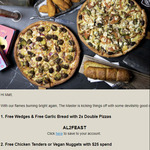 Hell Pizza Deals: Free Wedges & Free Garlic Bread with 2x Double Pizzas OR Free Chicken Tenders or Vegan Nuggets with $25 Spend