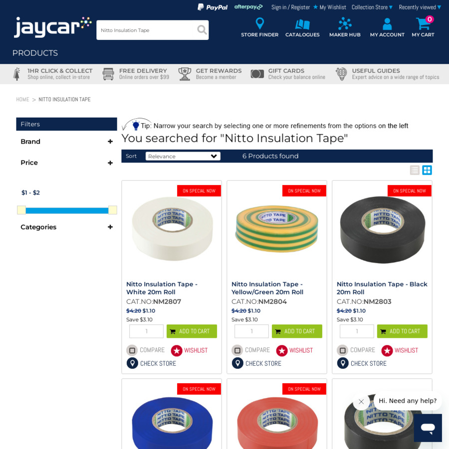 Nitto Insulation Tape 20m Roll (White, Black, Yellow/Green, Blue, Red