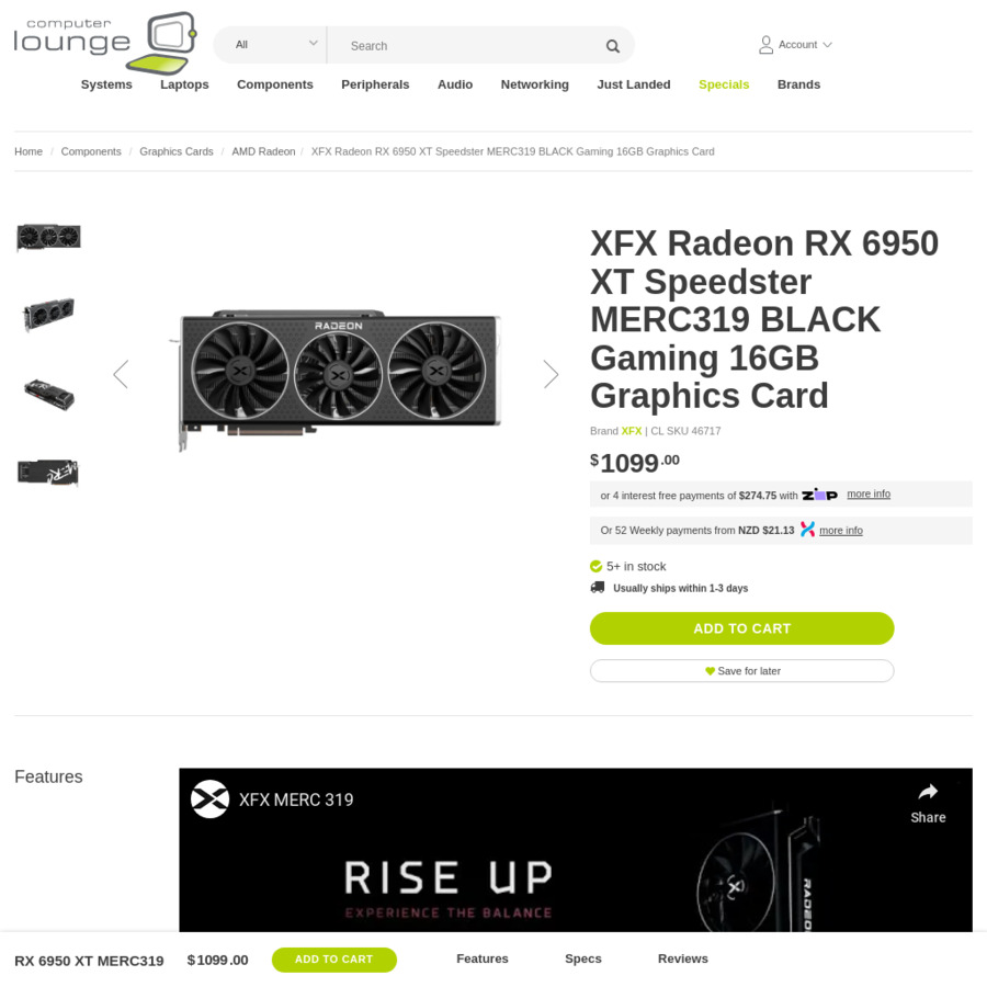 XFX Radeon RX 6950 XT Speedster MERC319 BLACK Gaming 16GB Graphics Card ...