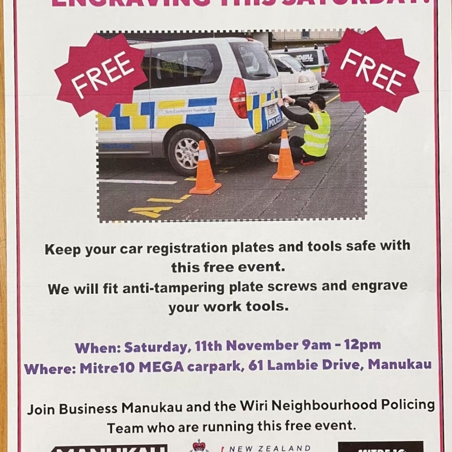 [Manukau] Free Antitampering Car Plate Screws and Work Tool Engravings