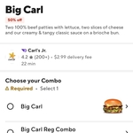 Carl's Jr: Big Carl Burger $8.99 + Delivery ($0 Pick Up, Limit 1 Per Order) @ DoorDash
